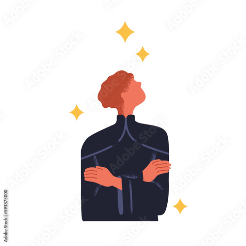 Thoughtful dreamer daydreaming. Dreamy character dreaming, looking up at stars with hope, inspiration. Daydreamer. Philosophy, psychology concept. Flat vector illustration isolated on white background
