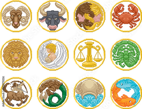 Zodiac horoscope or astrology signs in a retro video game arcade 8 bit pixel art style