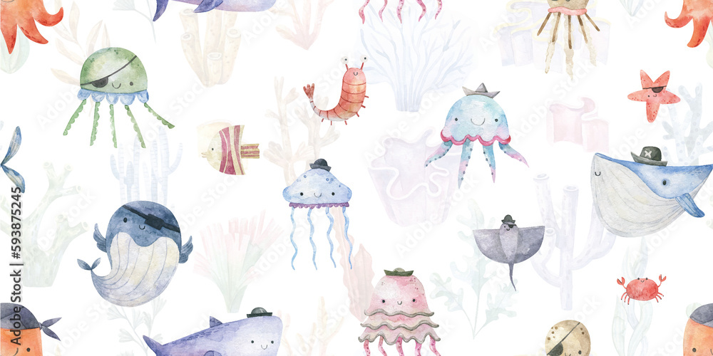 Seamless pattern with shark, fish and jellyfish. Cute baby print ...