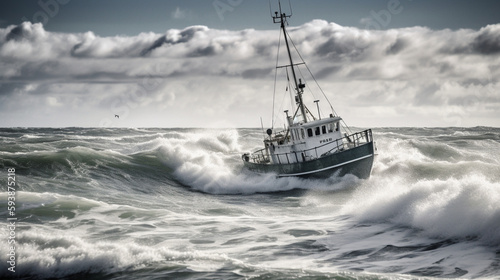 Fishboat vessel fishing in a rough sea Generative AI