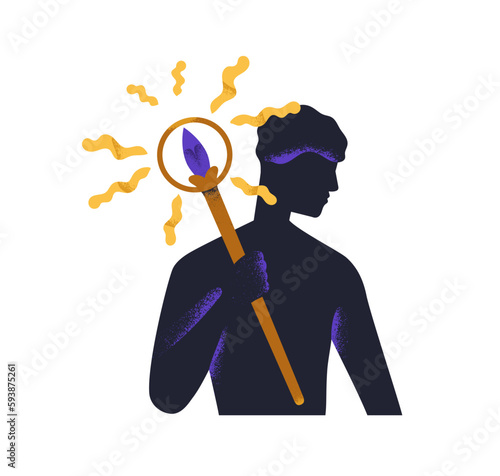 Mystic esoteric power concept. Secret abstract unknown man character holding mysterious wand, spiritual torch, occult torchlight in hand. Flat vector illustration isolated on white background