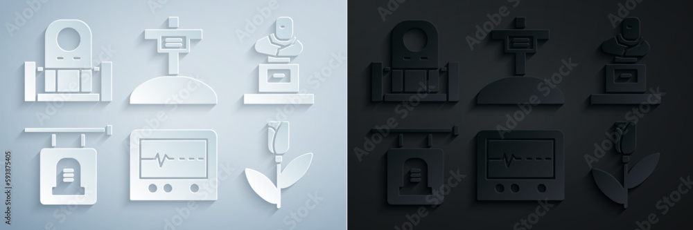 Set Beat dead in monitor, Grave with tombstone, Signboard, Flower rose, cross and icon. Vector Set Beat dead in monitor, Grave with tombstone, Signboard, Flower rose, cross and icon. Vector