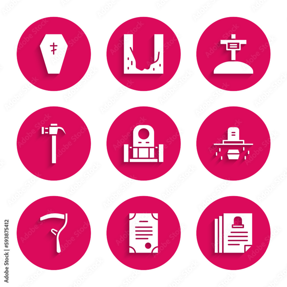 Set Grave with tombstone, Death certificate, coffin, Scythe, Hammer, cross and Coffin icon. Vector Set Grave with tombstone, Death certificate, coffin, Scythe, Hammer, cross and Coffin icon. Vector