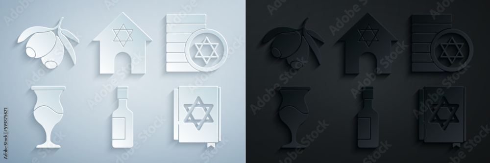Set Jewish wine bottle, coin, goblet, torah book, synagogue and Olives branch icon. Vector Set Jewish wine bottle, coin, goblet, torah book, synagogue and Olives branch icon. Vector