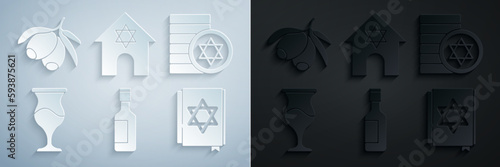 Set Jewish wine bottle, coin, goblet, torah book, synagogue and Olives branch icon. Vector