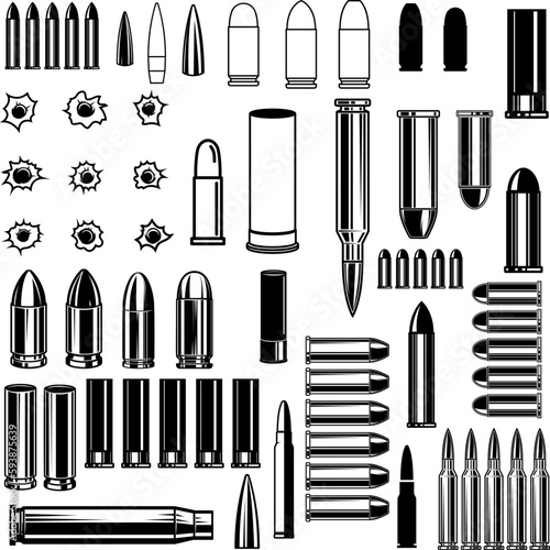A set of illustrations of shells, bullets, and cartridges. Perfect for military, hunting, and shooting-related designs. Use them for posters, logos, t-shirts, and more.