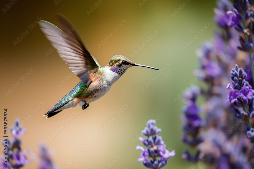 Fototapeta premium Beautiful hummingbird flying and eating nectar from a wild flower