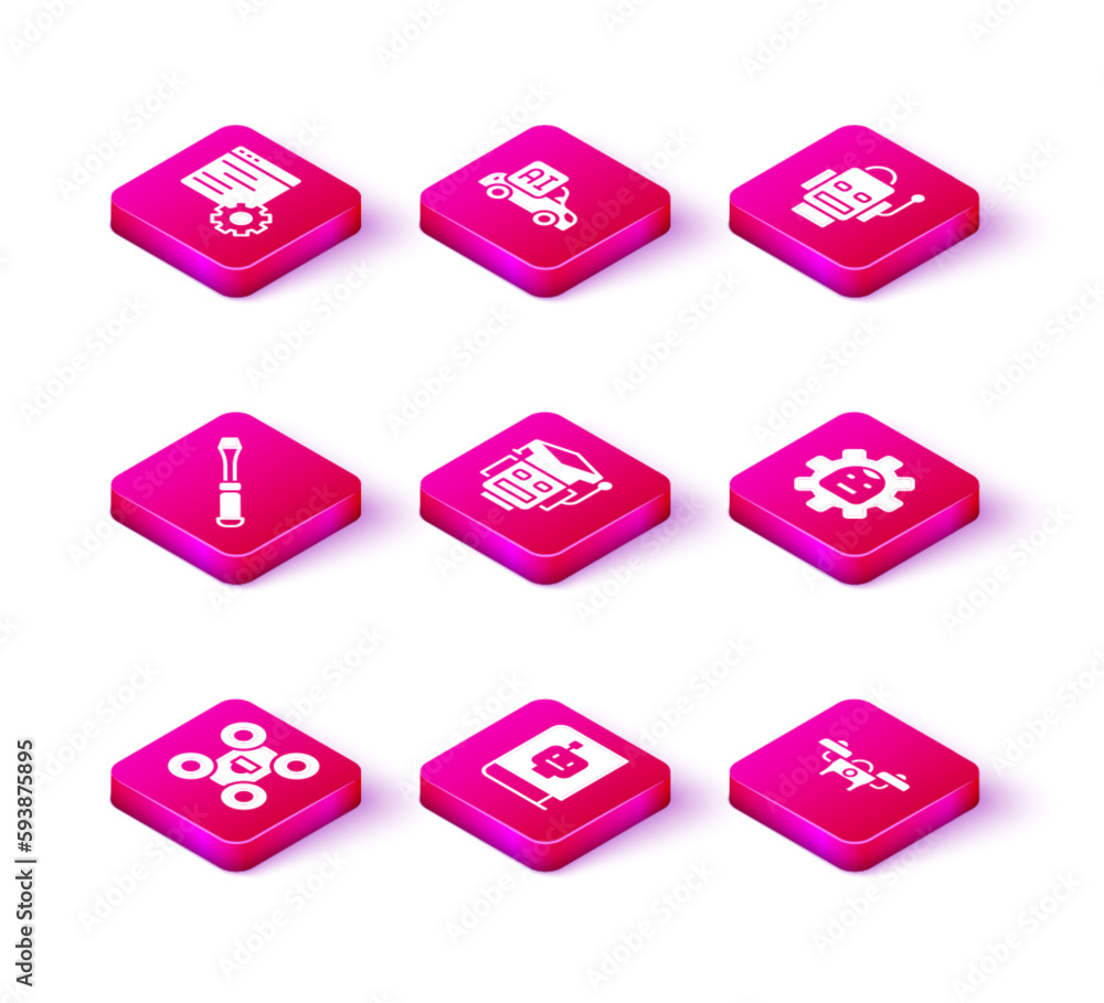 Set Drone, User manual, Screwdriver, Robot, and Autonomous smart car icon. Vector Set Drone, User manual, Screwdriver, Robot, and Autonomous smart car icon. Vector
