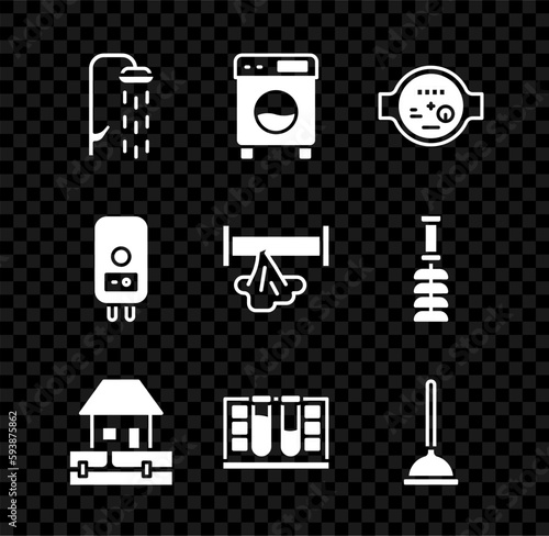 Set Shower, Washer, Water meter, supply pipes, Test tube with water drop, Rubber plunger, Electric boiler and Broken icon. Vector