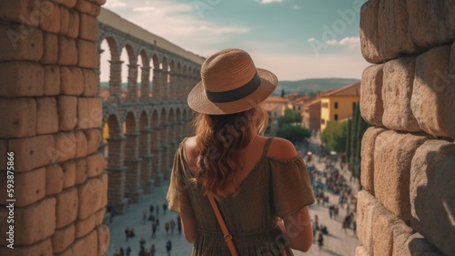 Leinwand Poster Tourism in Segovia, back view of a lady visitor admiring a Roman aqueduct, Gener