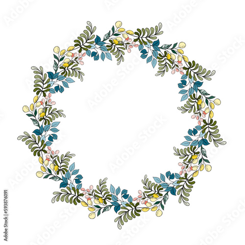 Round frame of flowers and leaves, postcard. Vector illustration. © Marisha paint