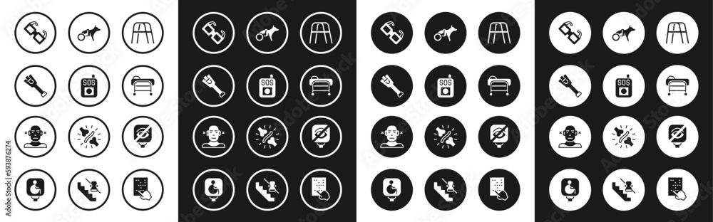 Set Walker, Press the SOS button, Prosthesis leg, Eyeglasses, Stretcher, Dog in wheelchair, Blindness and Deaf icon. Vector