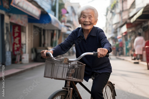 Smiling Chinese Grandma Cycling in Summertime. AI illustration.