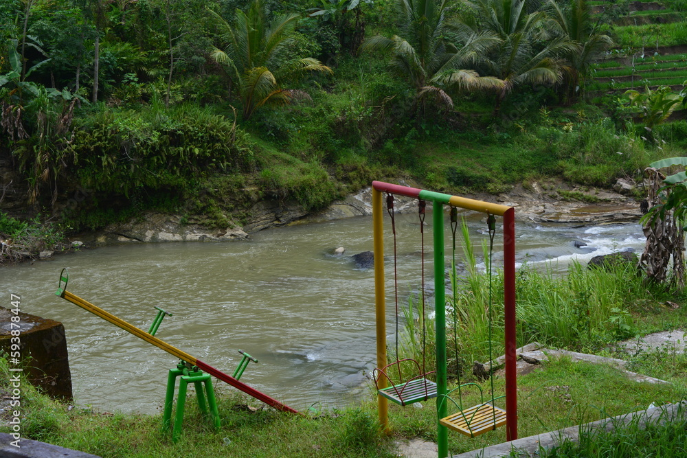 View of withered trees and green meadow in the morning in Wonosobo city park, Indonesia