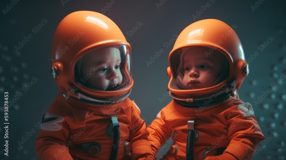 Baby spaceman in orange space suit, Futuristic sci-fi illustration generative ai