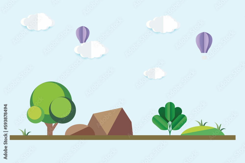 Field landscape with balloon flying in blue sky. paper art travel background Field landscape with balloon flying in blue sky. paper art travel background