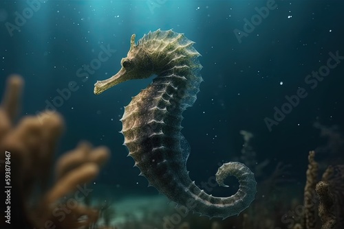 Side view of a seahorse moving underwater created by Generative AI technology.