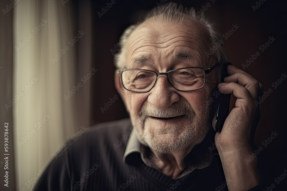 Portrait of a happy senior man talking on the phone at home, Generative AI Portrait of a happy senior man talking on the phone at home, Generative AI