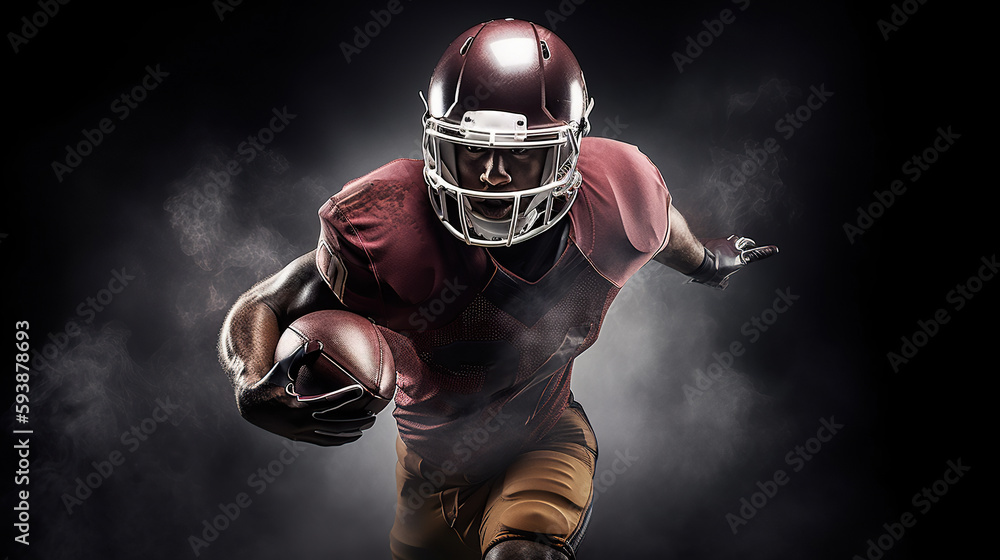 American football player in action on a dark smoky background. Generative AI American football player in action on a dark smoky background. Generative AI