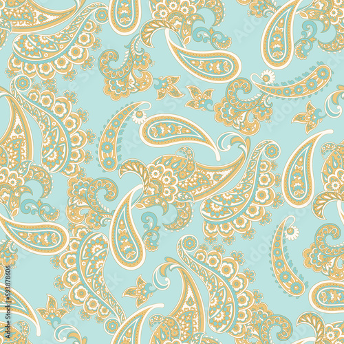 Floral fabric background with paisley ornament. Seamless pattern