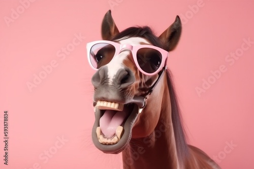 animal background funny goggles horse portrait colourful smile fun green sunglasses. Generative AI.