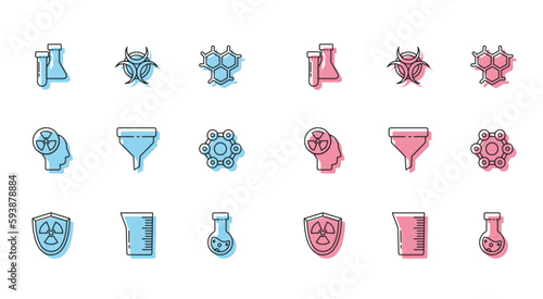 Set line Radioactive in shield, Laboratory glassware or beaker, Test tube and flask chemical, Funnel filter, Chemical formula, Human head radiation and Biohazard symbol icon. Vector