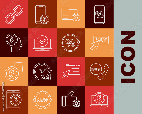 Set line Laptop with dollar, Phone and speech bubble Buy, button, Envelope coin, Business man planning mind, Chain link and Discount percent tag icon. Vector