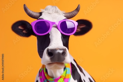 cute sunglasses colourful portrait funny head character animal cow face. Generative AI. © SHOTPRIME STUDIO