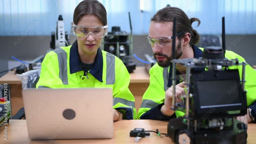 Engineer team learning and analyzed to develop automation welding robot machine is artificial intelligent industrial system automate monitoring Hi-technology industry manufacture concept.