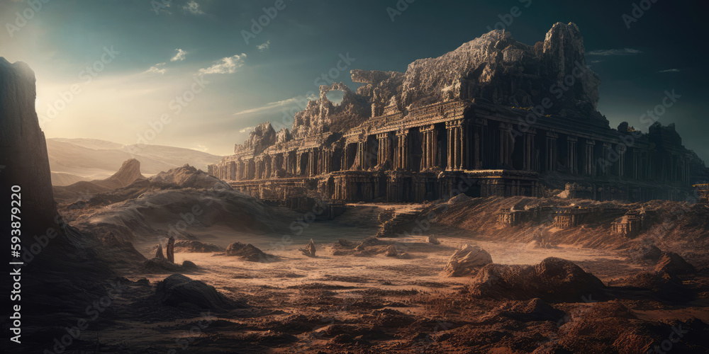 Fantasy world, majestic ancient ruins, digital illustrations, backgrounds, game space, AI generated