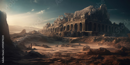 Fantasy world, majestic ancient ruins, digital illustrations, backgrounds, game space, AI generated