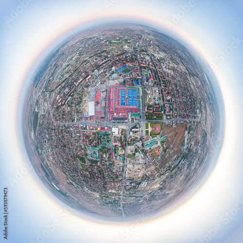 Grozny, Russia. Panorama of the city from the air after sunset. Blue hour. 360 Degree Aerial Panoramic Asteroid