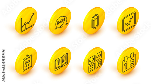Set line Mathematics function cosine, Feather and inkwell, Equation solution, Open book, Book with word mathematics, Geometric figure Cone and Sigma symbol icon. Vector