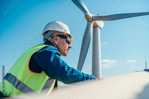 Wind turbine worker checking installation