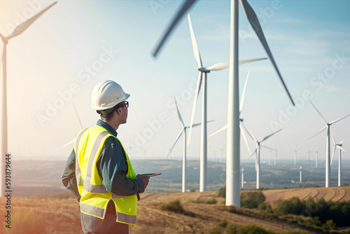Wind turbine worker checking installation photo