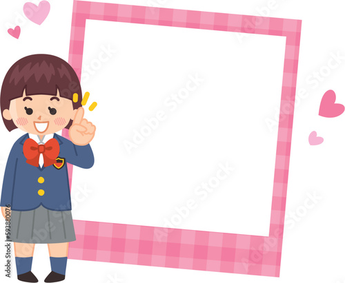 制服を着た女子学生とフォトフレームのイラストセット