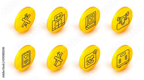 Set line Bathroom scales, Mobile with heart rate, No alcohol, Medical clipboard, Bench barbel, book, Gym building and doping syringe icon. Vector