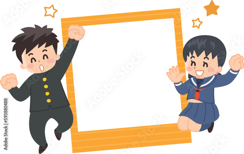 制服を着た中高生とフォトフレームのイラストセット