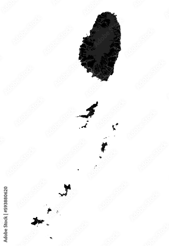 Obraz premium Black Saint Vincent and the Grenadines map, Caribbean island country. Detailed map with administrative border, coastline, cities and roads.