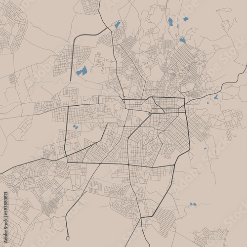 Detailed map of Asmara city, capital of Eritrea. Municipal administrative Asmera area map with buildings, rivers and roads, parks and railways.