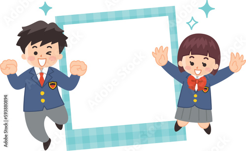 制服を着た中高生とフォトフレームのイラストセット