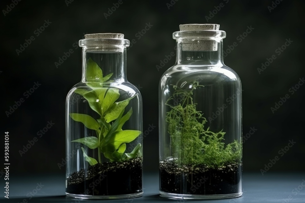 Glass bottle with green ecosystem flora. Generate Ai Glass bottle with green ecosystem flora. Generate Ai