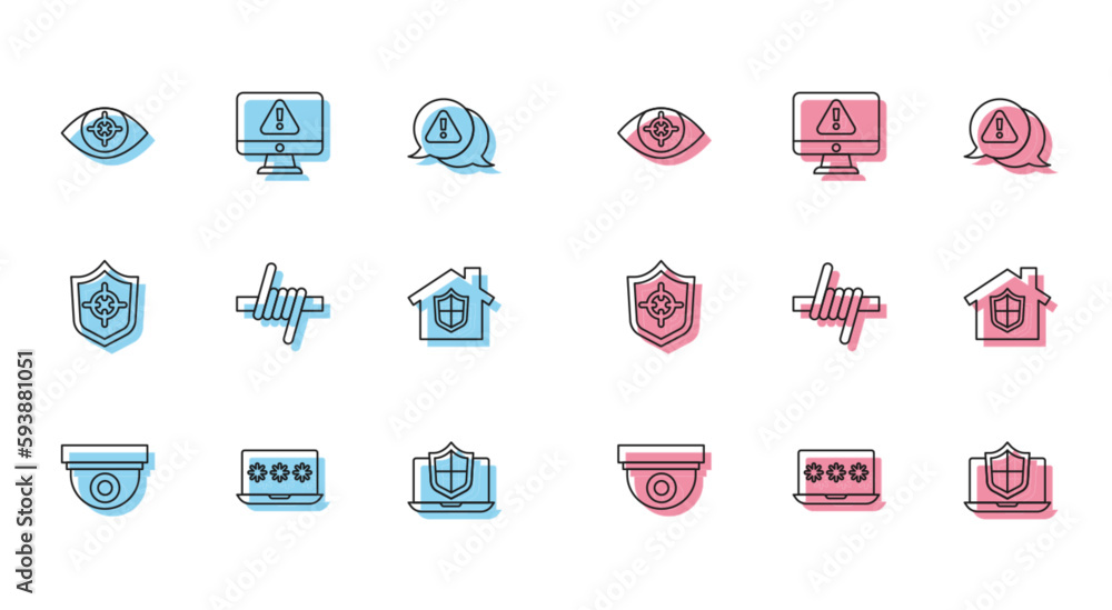 Set line Security camera, Laptop with password, Eye scan, protected shield, Barbed wire, House under protection, Shield and Monitor exclamation mark icon. Vector Set line Security camera, Laptop with password, Eye scan, protected shield, Barbed wire, House under protection, Shield and Monitor exclamation mark icon. Vector