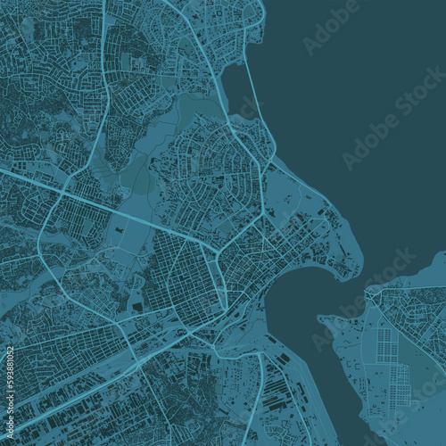 Dark blue Dar es Salaam city area, Tanzania, vector background map, roads and water illustration. Widescreen proportion, digital flat design.