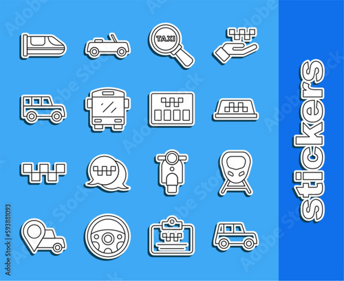 Set line Car, High-speed train, Taxi car roof, Magnifying glass and taxi, Bus, and Taximeter icon. Vector