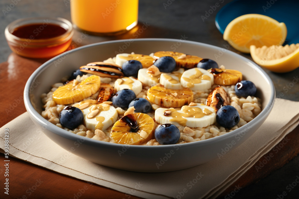 A healthy oatmeal bowl with sliced bananas and blueberries, healthy fruits, generative ai