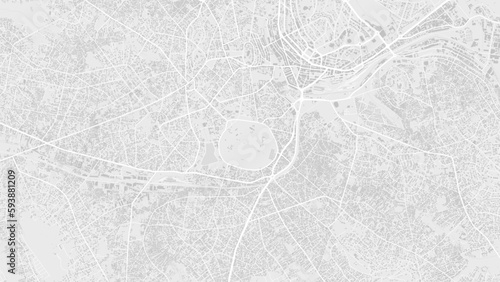 White and light grey Kampala city area, Uganda, vector background map, roads and water cartography illustration.