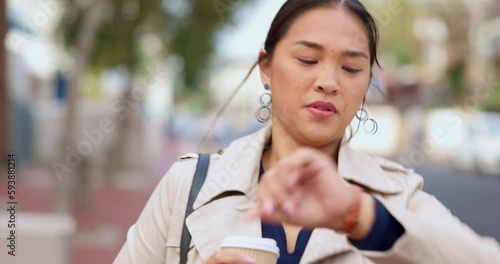 Time, watch and a business woman running in the city on a sidewalk during her morning commute into work. Late, rushing and appointment with an urgent young female asian employee in an urban town
