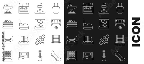 Set line Skateboard trick, Swedish wall, Soccer goal with ball, Sand tower, Bumper car, Pool balls, Swing boat and Climbing icon. Vector