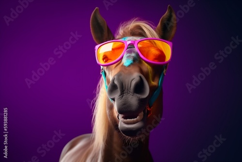 portrait background fun horse animal funny nature colourful smile sunglasses goggles. Generative AI.